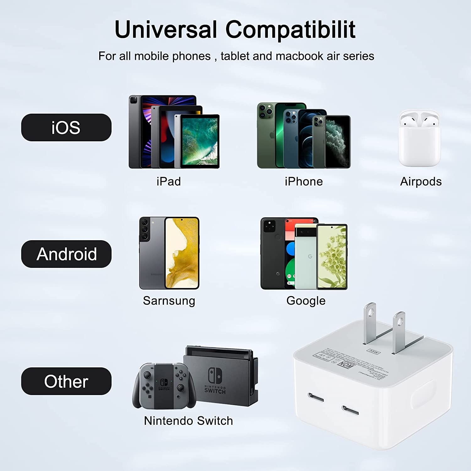 Adaptateur secteur à charge rapide double USB-C PD 3.0 35 W, chargeur mural et câble USB-C vers Lightning (1 m et 2 m) Adaptateur secteur à charge rapide double USB-C PD 3.0 35 W, chargeur mural et câble USB-C vers Lightning (1 m et 2 m)